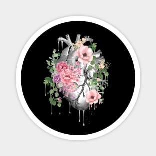 Heart Human Anatomy pink flowers and green leaves Magnet